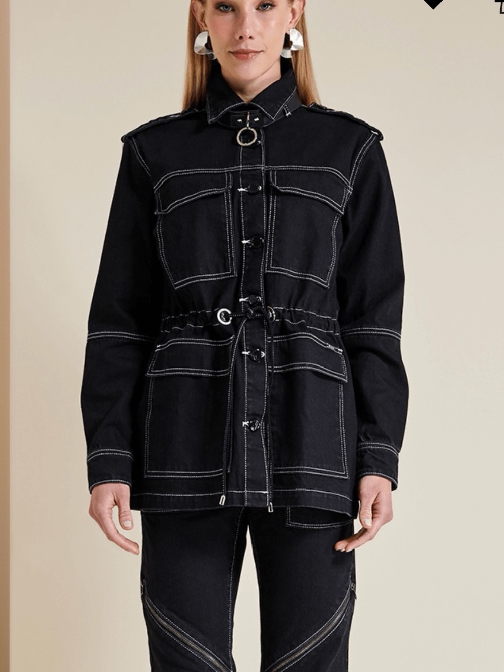 Black Utility Drawstring Jacket with Contrast Stitching - Women